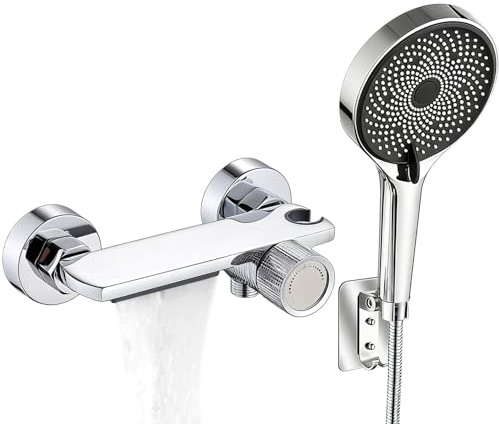 Wasserfall Badewannenarmatur mit Handbrause, Badewannenarmaturen mit Dusche, Messing Duscharmatur Badewanne mit Schlauch und Wandhalterung, 5 Funktionen Mischbatterie Dusche für Bad