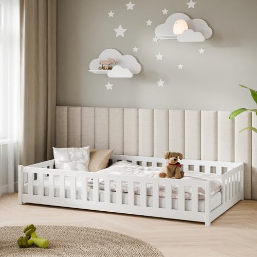 Kids Collective Kinderbett Bodenbett mit Rausfallschutz & Lattenrost Montessori Bett Bed Gitterbett Kinder Jugendbett Einzelbett | 120x200 cm | Weiß