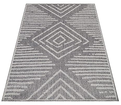 KADIMA DESIGN Outdoor Teppich Streifen-Design Wetterfest UV-Beständig Waschbar Strapazierfähig Langlebig Grau 140x200 cm Terrasse Balkon Fußbodenheizung geeignet | Orla