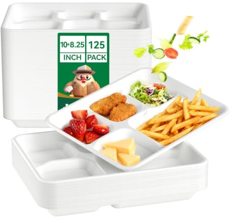JOLLY CHEF 125 Pack 10 Inch Square 5 Compartment Disposable Bagasse Plates | Biodegradable Divided Plates, Heavy-Duty Microwave & Freezer, Leak-Proof and Eco-Friendly Disposable Tableware