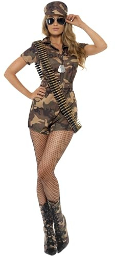 Smiffys Army Girl Sexy Costume, Camouflage with Shorts Jumpsuit, Belt & Hat, Land, Sea and Air Forces Fancy Dress, Army Dress Up Costumes