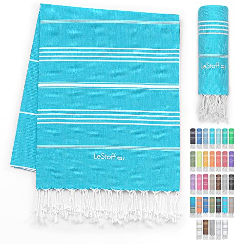 LeStoff Hamamtuch - 100% Bio-Baumwolle, 95 x 180 cm, Vorgewaschen, Saugstark, Schnelltrocknend, Leicht, Kompakt, Sandfrei, Strandtuch, Reisehandtuch, Badetuch, Handtuch groß, Liegetuch, türkis (Aqua)