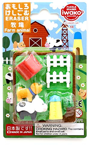 Iwako Radiergummi mit Bauernhoftiermotiv, Blisterkarte