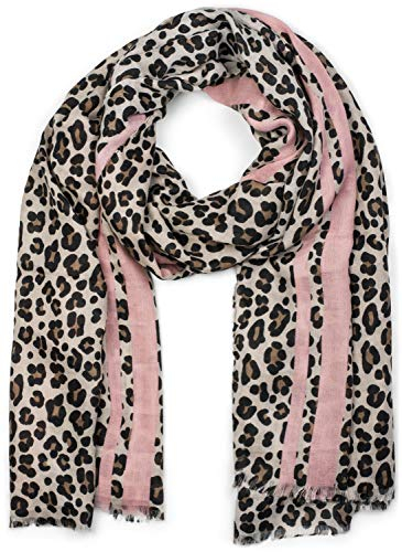 styleBREAKER Damen Schal mit Leo Muster, farbigem Streifen und Fransen, Tuch 01017082, Farbe:Braun-Rosa