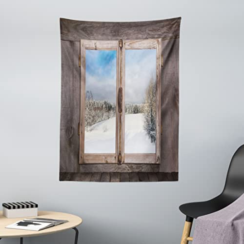 ABAKUHAUS Rustikal Wandteppich, Wintersaison Szene aus Weiches Mikrofaser Stoff Waschbar ohne Verblassen Digitaldruck, 110 x 150 cm, Weiß Braun