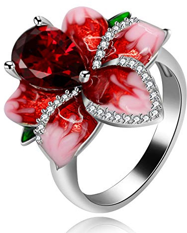 Uloveido Magnifique bague rose en émail rouge pour femme avec fleur et oxyde de zirconium taille poire RA627, R1/2(59.5mm), Métal, Zircone cubique