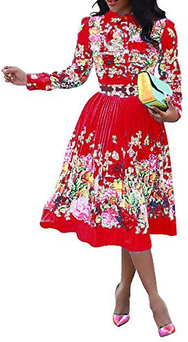 VERWIN Lapel Three-Quarter Sleeve Knee Length Pleated Floral Women's Sheath Dress (Medium, Red)