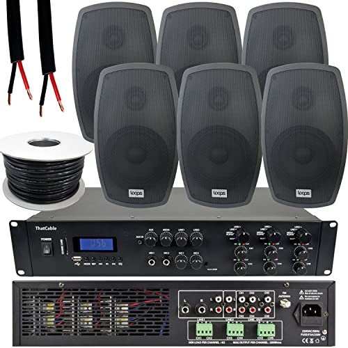 1200W LOUD Outdoor Bluetooth Sound System | 6x 140W Black Speaker | 6 Channel / Zone Matrix HiFi Mixer Amplifier Amp Kit | Weatherproof Garden Party Event Audio | Powerful Wireless Music | Echo Alexa