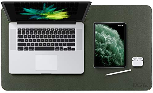 EMINTA Doppelseitig Multifunktionale Schreibtischunterlage, Verstärkung Nähen PU Leder Tischunterlage, 60 x 35cm Wasserdichtes Ultradünnes Laptop Mauspad für Büro oder Zuhause(Dunkelgrün/Grau)