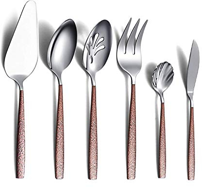 Berglander Juego de cubiertos para servir de 6 piezas con mango de superficie lunar y cabeza brillante chapado en titanio, cuberteria cucharas de servicio de acero inoxidable utensilios para servir