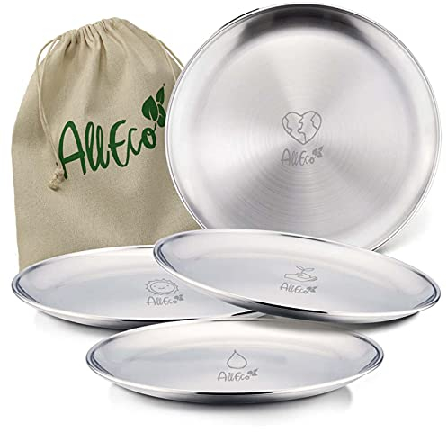 AllEco® - Lot de 4 assiettes de camping en acier 20 cm Vaisselle de pique-nique et de camping - 4 personnes En métal Équipement d'extérieur Accessoires de cuisine Durable et sans plastique