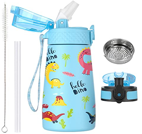 OLDLEY 350ml/12oz Kids Stainless Steel Water Bottle with Straw for School with 2 Different Lid Metal Vacuum Insulated Water Bottles Small Flask for Boys Girls Toddler Children Hot Cold Drinks BPA Free