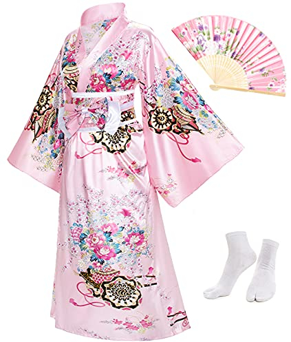 Elibelle Japanischer Anime Damen Kimono Robe Geisha Yukata Süßes Kleid Blüte Satin Bademantel Nachtwäsche Fans Tabi Socken Set, Rosa, Einheitsgröße