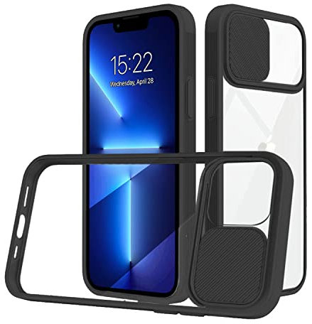 Quadaime for iPhone 13 Pro Max Case, with Camera Cover Clear Slim Case with Slide Camera Protection + Silicone Frame Shockproof Transparent Phone Case for iPhone 13 Pro Max - Black