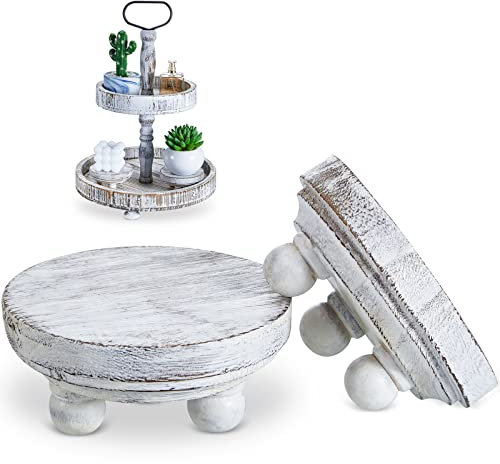 Yalikop Set of 2 Mini Wood Risers for Decor Round Wooden Riser Small Wooden Stool Display Stand Farmhouse Rustic Wood Pedestal for Plant Pot Tiered Tray Decor Cake Food Collection Display(White)