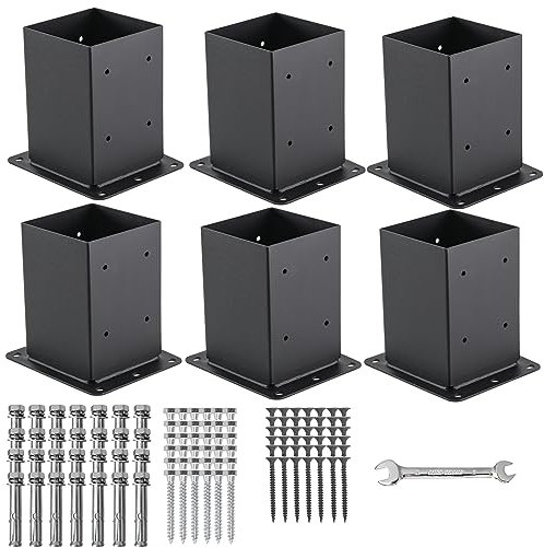 AXWHYS 4x4 Post Base 6 Pcs, (Inner Size 3.6x3.6) Post Anchors, 13GA Thick Solid Steel & Black Powder Coated,Deck Post Brackets Support Deck Base Plate Pergola Brackets Fence Kit Mailbox Mount…