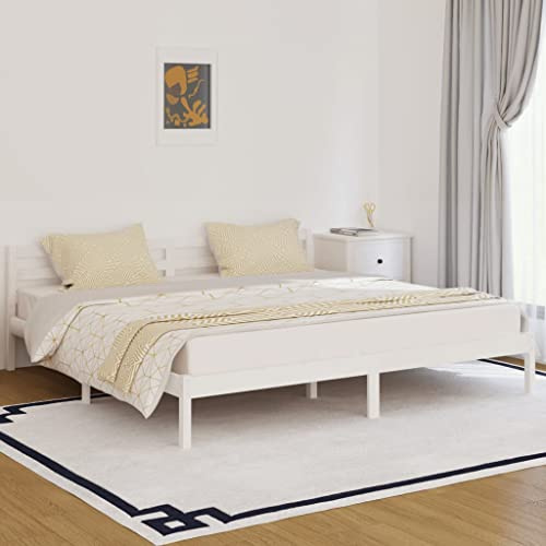 WIFESE Letto matrimoniale in legno massello di pino 200 x 200 cm, bianco per ragazzi e ragazzi, struttura per letto in pallet, con testiera confortevole, stile moderno, durevole, adatto per ogni