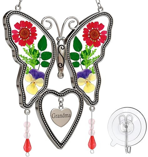 KUNDGLA Acchiappasole in vetro a forma di cuore con farfalla e fiore pressato, idea regalo per la nonna con fiori veri, regalo di compleanno per interni ed esterni