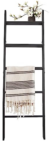 HYBDAMAI Blanket Ladder, 5-Tier Wooden Quilt Stand, Decorative Ladder Shelf, Leaning Shelf, Wall Leaning Blanket Ladder Towel Storage Rack for Living Room (Black)
