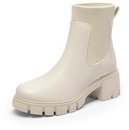 DREAM PAIRS Stivali da Donna Casuale Chelsea Stivaletti Tacco Medio Stivaletto Blocco Tacco,Size 38,Beige,SDAB2312W