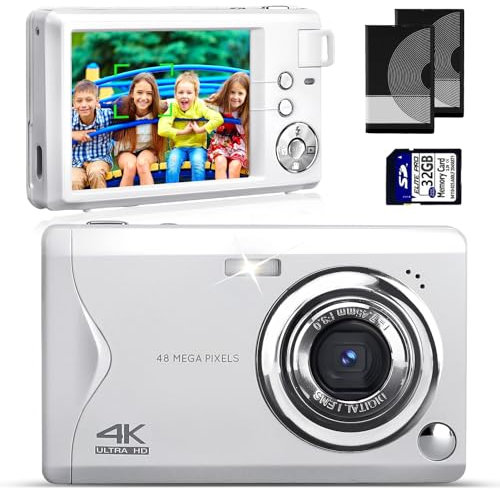 Digital Camera, 4K 48MP Portable Compact Digital Camera with 32G SD Card, 16X Digital Zoom, 3 LCD, Small Vintage Digital Cameras for Kids Beginners Photography (with 2 Battery)