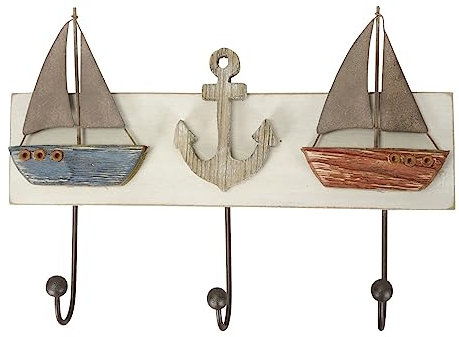 Posiwio dekorative maritim gestaltete Wandplatte als 3-er Hakenleiste mit 2 Segelbooten und Anker im shabby Landhausstil