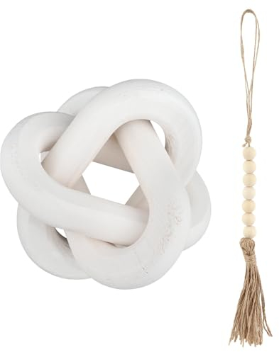 Jaeskeclip Holzknoten-Kettenglied-Dekor, Holz-Kettenglied-Dekor, 3 Knoten, handgeschnitzt, mit Fransen aus Holzperlen, Dekoration, natürlich für Zuhause, Wohnzimmer, Schlafzimmer, Dekorationen (weiß)