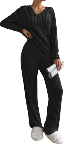 Famulily Pjs Sets Soft Knitted Suits Long Sleeve V Neck Warm Tops and Wide Leg Trousers, Tracksuit Womens Full Set 2 Piece Outfits Lounge Wear Clothes with Pockets (XL, Black)