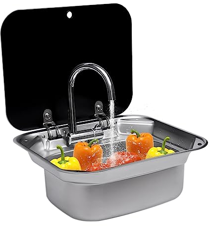 Completo RV Cocina Lavabo Kit Mano Lavabo Lavabo Acero Inoxidable+Tapa Acero Inoxidable Fregadero Cocina con Grifo+Tapa para RV Compatible Camper RV Autocaravana