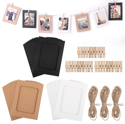 DAJAVE 90 Stücke Bilderrahmen Papier 10 x 15 cm Fotorahmen aus Pappe,Bilderrahmen Pappe Zum Hinstellen Selbstklebende Bilderrahmen Zum Foto Netz Klassenraum-Mit Holzklammern und Hanfseilen