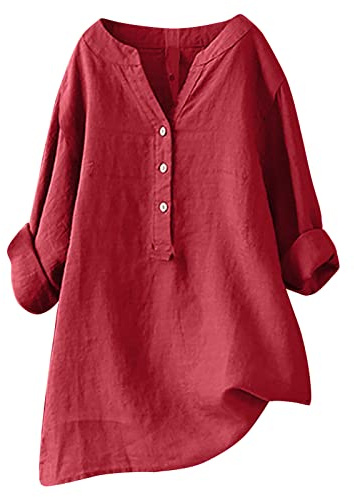 tsaChick Longbluse Damen, Angebote des Tages Frauen Leinen Baumwolle Tunika V-Ausschnitt Oversize Oberteil Schwarz Damen Eng Weit geschnitten Solide 3/4-Arm Blusen & Tuniken für Damen Knopf LTM30