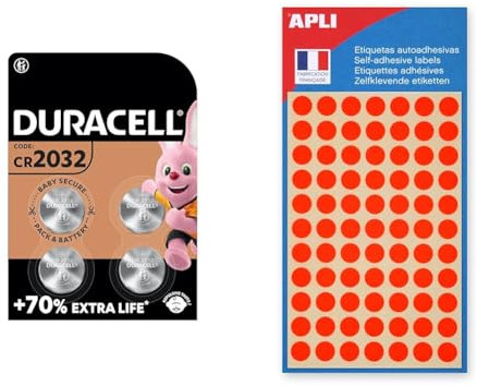 DURACELL 2032 Lithium Coin Batteries 3V (4 Pack) - Up to 70% Extra Life - Baby Secure Technology & APLI 111851 Pack of 385 Fluorescent Orange Dots Diameter 8 mm