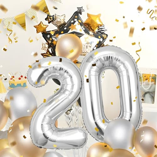 20 Geburtstag Deko zahlen luftballon 20 jahre | Folienballon Sliber - für 20. Geburtstagsdeko Männer Frauen Ballon Zahl Deko zum Geburtstag fliegt mit Helium 20.Geburtstagsparty 40-101cm
