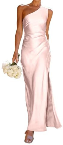 WSEYU Robe de demoiselle d'honneur asymétrique longue en satin avec fente, rose, 46
