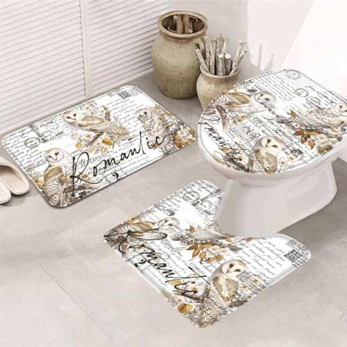 rutschfeste 3 Badteppich Set Eulen Retro Briefumschlag Stempel Handgemalt Stil Badezimmer Set Weiche Waschbar Badgarnitur Badematten, Für Badewanne, Badezimmer