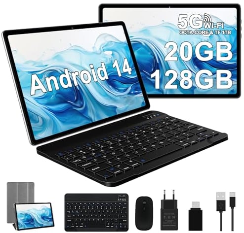 Android 14 Tablet 10 Zoll Ultraschnelles PC | 20GB RAM+128GB ROM (1TB erweiterbar) | Octa-Core | Widevine L1 | 5G WiFi 6 | FHD IPS | Doppelkamera | Bluetooth 5.0 | Tablet mit Tastatur und Maus, Silber