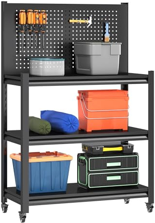 Banco de trabajo de 48 pulgadas de alto con tablero de clavijas, mesa de trabajo de metal resistente con estantes de almacenamiento y ruedas, banco de trabajo ajustable para garaje, almacén, taller