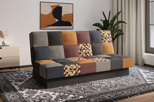 mb-moebel Sofa mit Schlaffunktion und Bettkasten Couch für Wohnzimmer, Polstersofa Wohnlandschaft mit Bettfunktion, Sofagarnitur - Schlafsofa - Cyprus Patchwork - (Weinrot + Gelb)