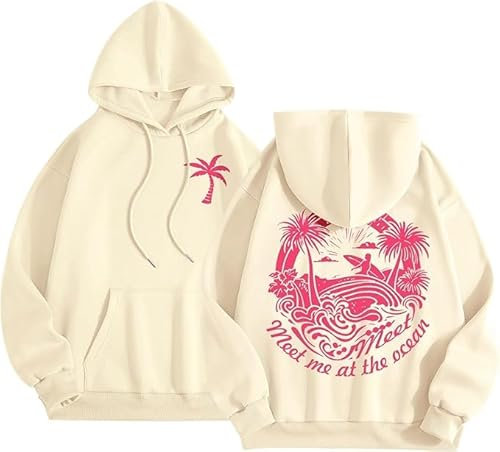 Lang Horn Teen Girls Oversized Graphic Hoodie, Pink Puff Print, Y2K Streetwear Long Sleeve Pullover Large Cream