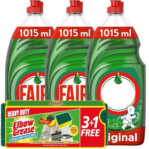 Fairy Washing Up Liquid 1015 ml (3 Pack Each) - Fairy Liquid Original Dishwasher Cleaner with Elbow Grease Sponge 3+1