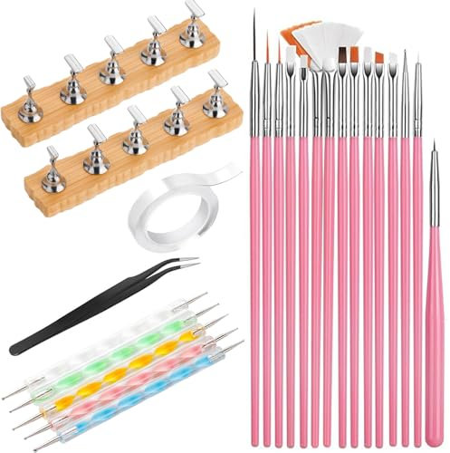 Outils de Nail Art, Kit D'Outils de Conception D'Ongles avec 15 pinceaux nail art, 5 Dotting Pen, Support à Ongles, Pince À Épiler, Kit De Décoration D'Ongles Pour Débutants