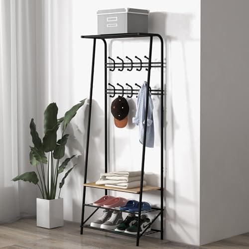 OPULENTHOME 4 en 1 Vestiaire Entrée,Porte-Manteau avec Étagère à Chaussures, Meuble d Entrée avec Banc,64X29X180CM,avec 3 Étagères à Chaussures et 10 Crochets,Style Industriel