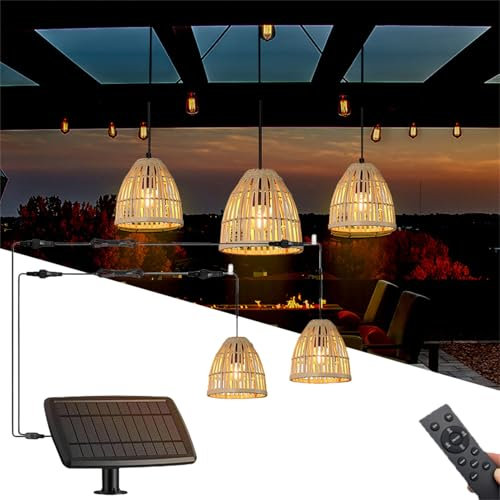 wgzixezn Lampadario Solare da Esterno Rattan Lampadario Solare Boho Outdoor Gazebo Lampadario Solare da Esterno con Telecomando Dimmerabile Lampada da Campeggio in Rattan Boho Casa