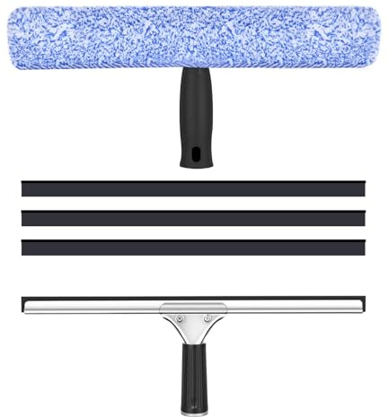Fensterreiniger Set 5-Teilig, 35cm Professioneller Fensterreinigungsset | mit Silikonklinge, Hochsaugendem Mikrofaserwischer, Komplettset für Fenster Putzen, Glas, Spiegel, Auto, Bad, Dusche