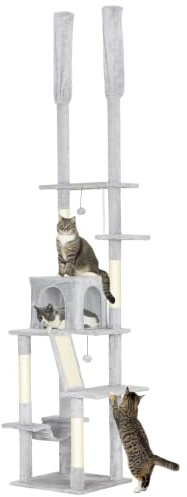 PawHut Albero Tiragraffi Gatti Adulti Soffitto 225-255 cm Grigio Chiaro | Torre per Gatti Multilivello, Altezza Regolabile, Piattaforme, Casetta, Amaca, Palline, Pali in Sisal, per Interno
