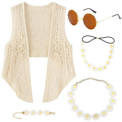 WangVipfei Hippie Kleidung Damen, 5-teiliges 70er Jahre Outfits für Damens, Bohemian Kleidung mit Accessoires für Fasching, 70er Mode Damen, Schlagermove Outfits Damen, 70 Jahre Outfit Damens