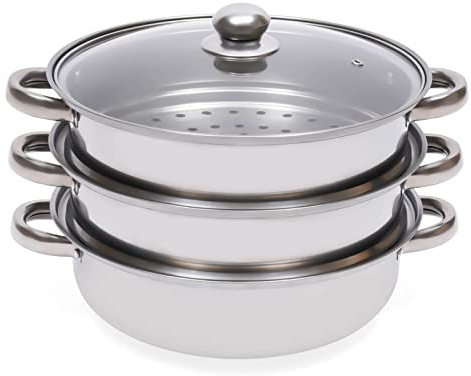 Set 3 in 1 in acciaio inox, pentola a pressione con 2 inserti e coperchio in vetro, versatile pentola a vapore per induzione/gas/fornelli, lavabile in lavastoviglie, 32,5 cm, per una sana