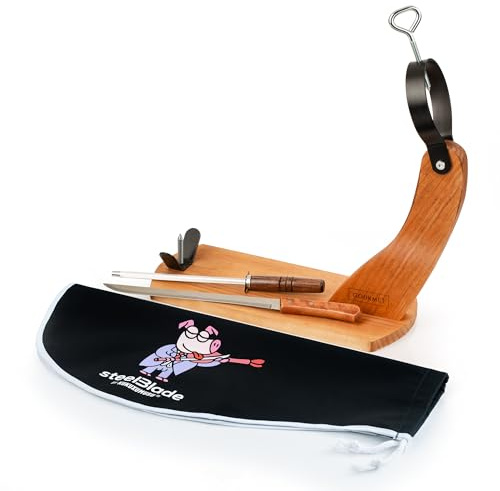 Steelblade - Jamonero Góndola + Cubre Jamón Kukuxumusu + Cuchillo Jamonero y Chaira - Soporte Jamonero Fabricado en España