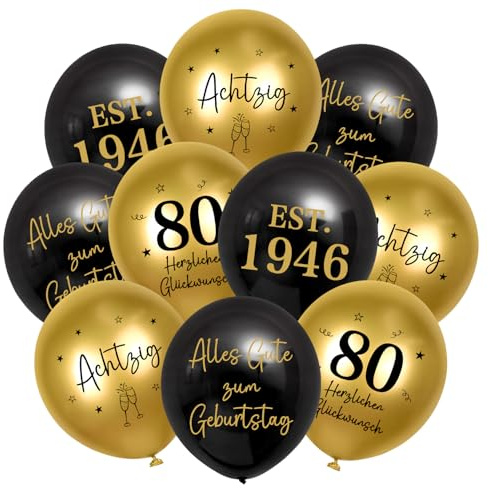 HUKUMA 24 Stück Deko 80. Geburtstag,80er Deko Mann Frauen,Luftballons Gold Schwarz Männer,Happy Birthday Latex Ballons,Alles Gute zum Geburtstag Geburtstagsdeko