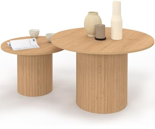 IDMarket - Satz von 2 runden Couchtischen Juliette 50/70 mit Latteneffekt und Holzleisten, eichenfarben